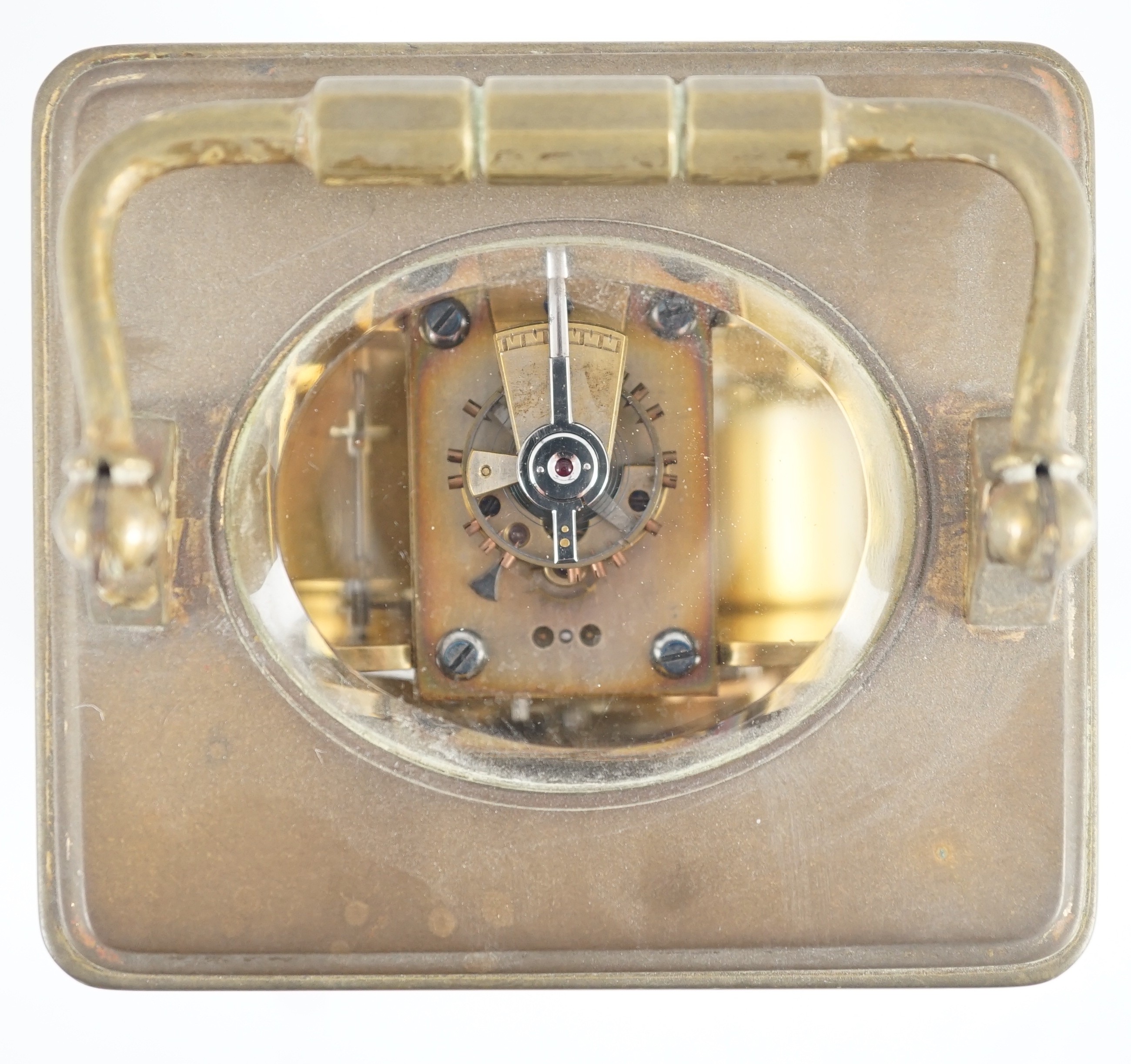 An early 20th century French brass carriage clock by Drocourt & Co. of Paris, 8.5cm wide, 7.5cm deep, 13.5cm high
